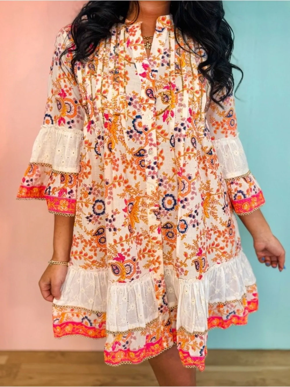 NWOT! POL Floral Boho Ruffle Tunic Dress Sequins ~ M - Picture 1 of 6